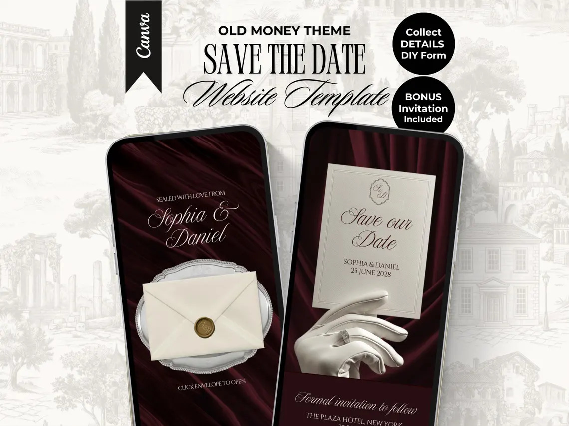 Burgundy Save The Date Website Template with Trackable RSVP Old Money Elegant Editable Canva Website Save The Date Timeless Aesthetic